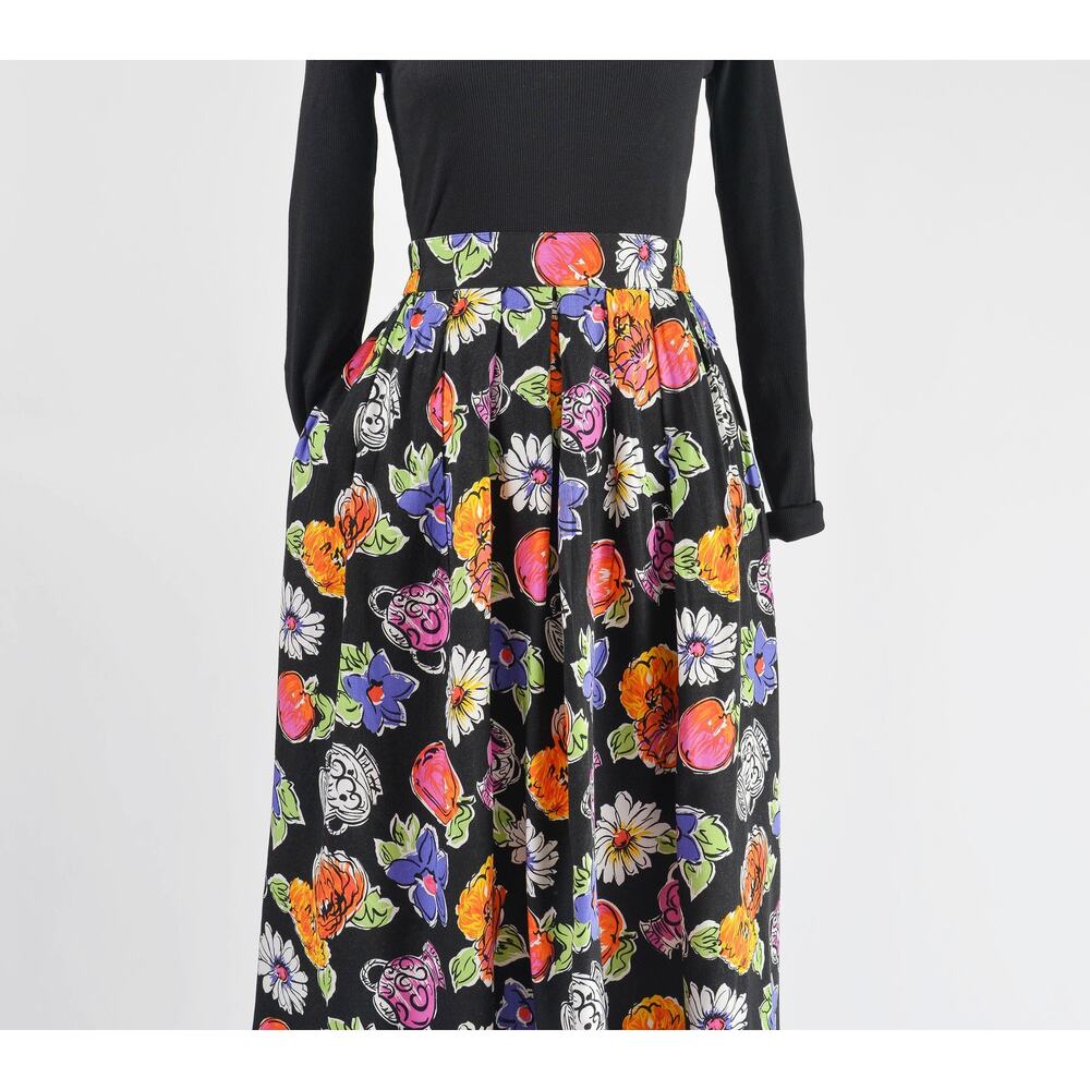 Vintage Cute Floral Vase Pottery Print Full Pleated Midi Skirt with Pockets M - Picture 7 of 9